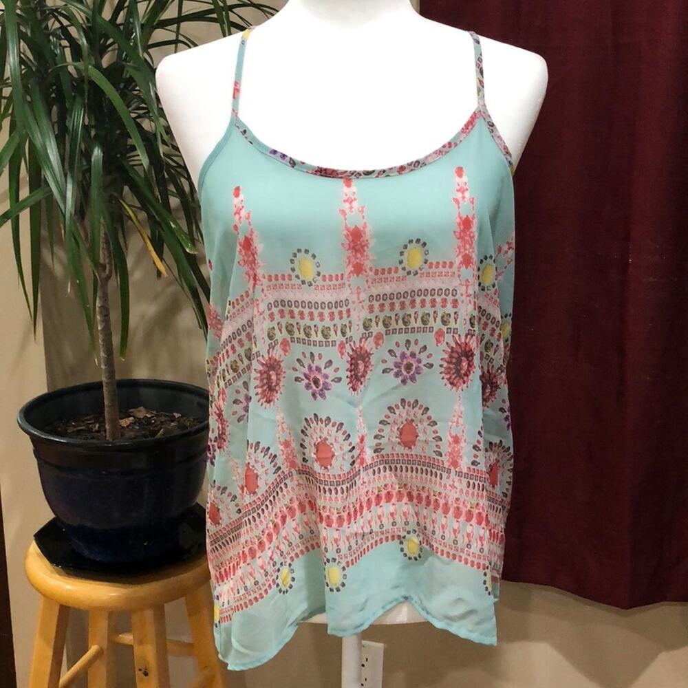 Lightweight Aqua Green Print Tank Racerback Spaghetti Strap Blouse Top size M